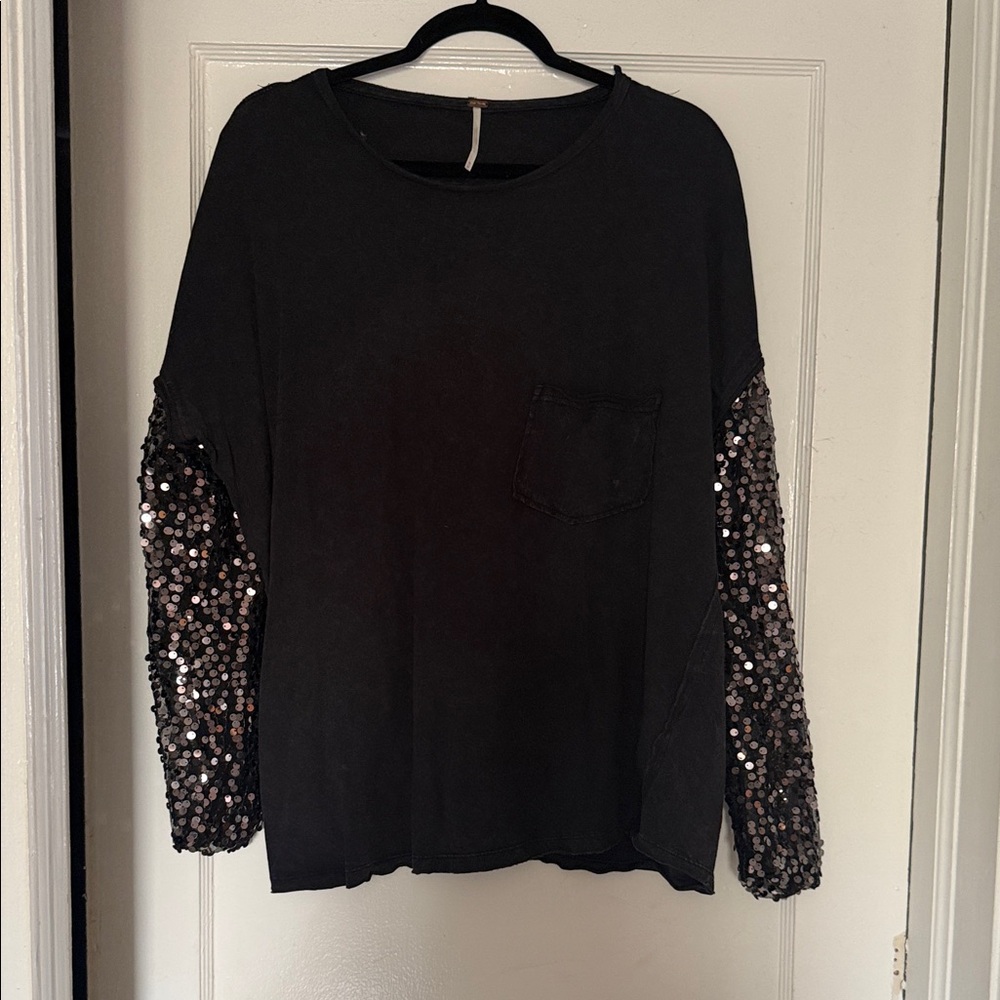 Free People Black Long Sleeve Top with Sequin Sleeve Detail